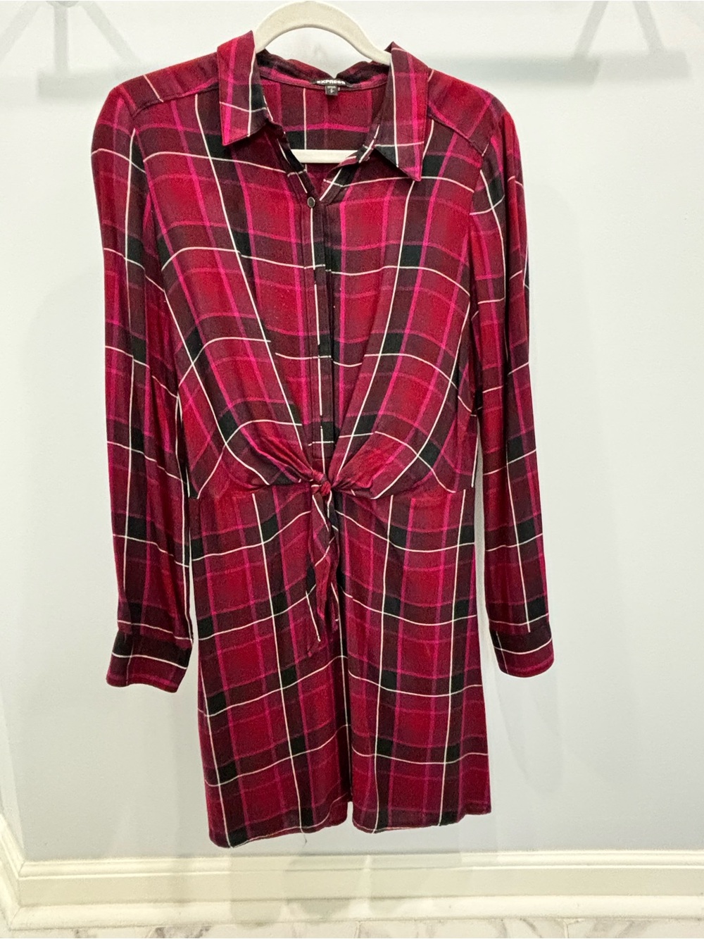 Express Red Plaid Tie-Front Long Sleeve Shirt Dress